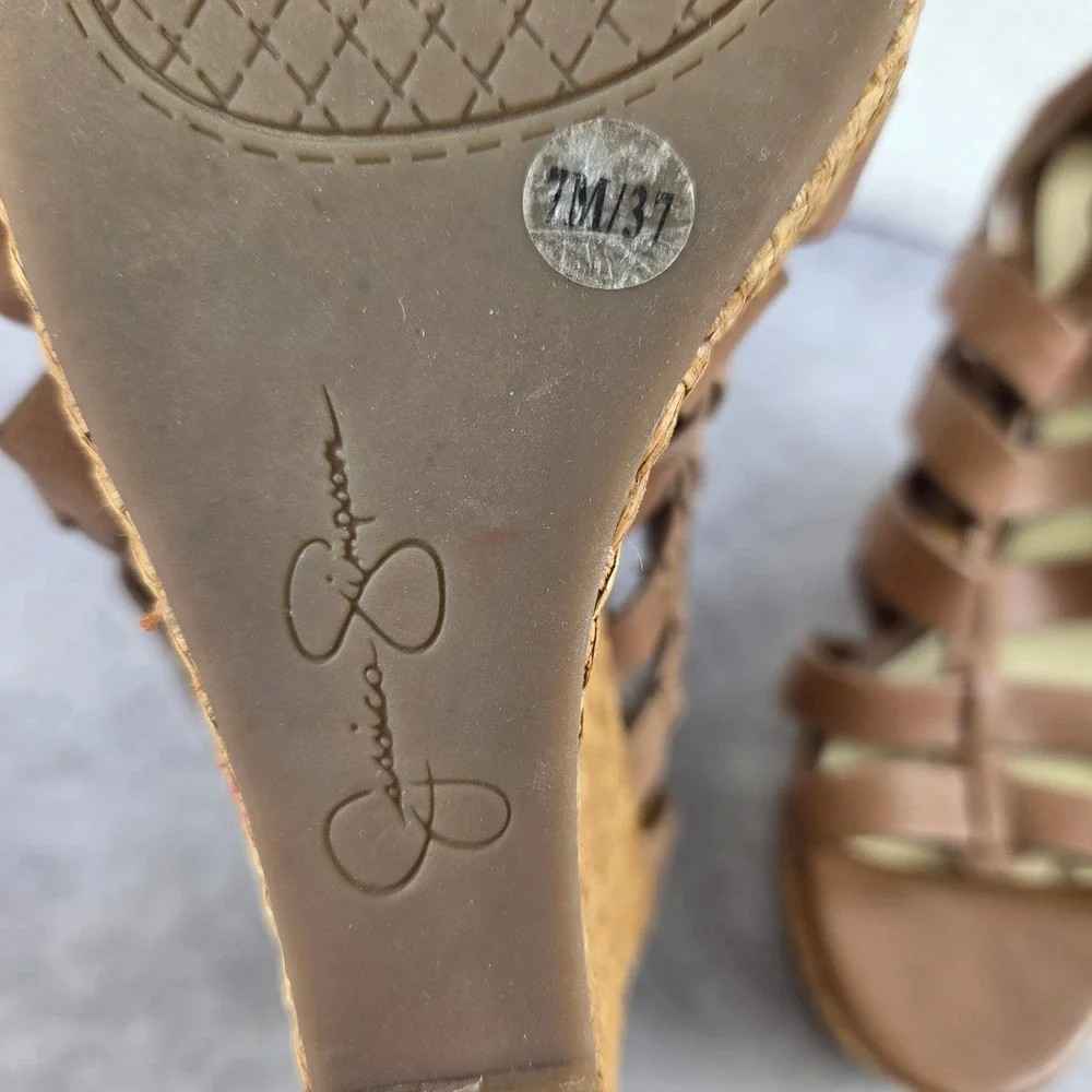 Jessica Simpson Brown Strappy Gladiator Wedge Sandals Tan Woven Platform 7M
